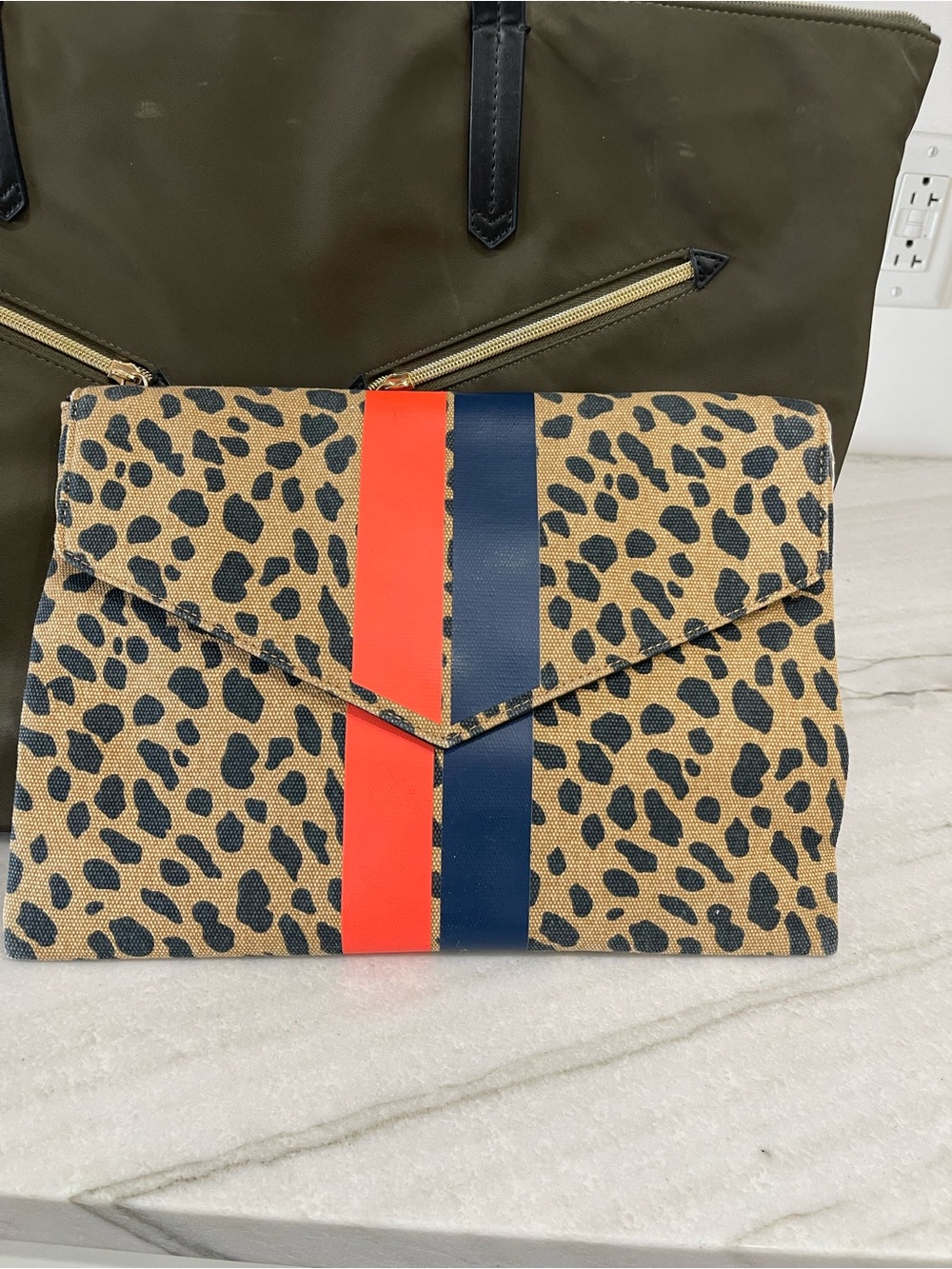 S&D Leopard Envelope Clutch with Navy and Orange Center Stripe